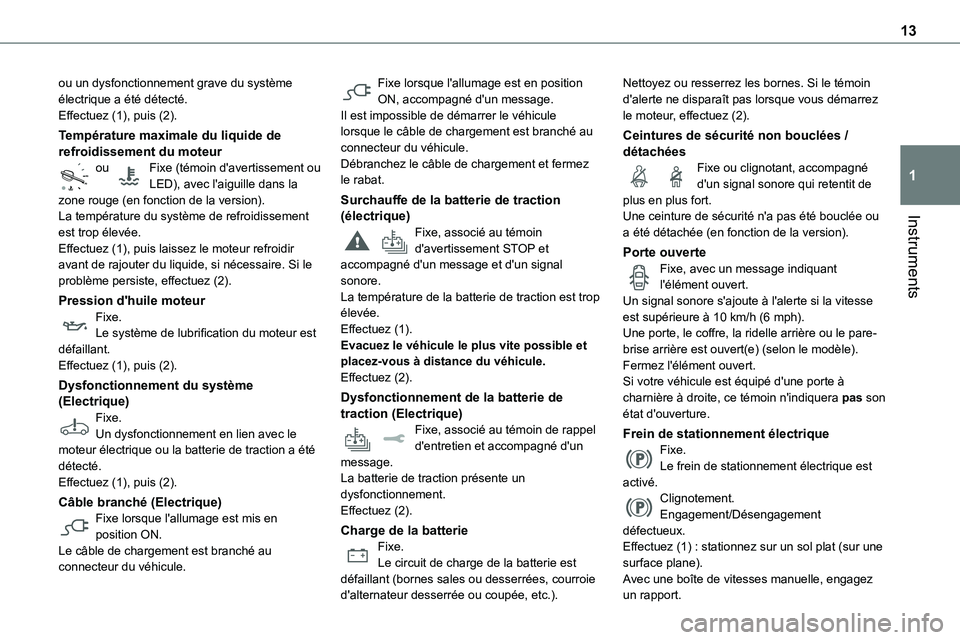 TOYOTA PROACE VERSO EV 2024 Manuel du propriétaire (in French) 13
Instruments
1
ou un dysfonctionnement grave du système électrique a été détecté.Effectuez (1), puis (2).
Température maximale du liquide de refroidissement du moteurou Fixe (témoin d'av TOYOTA PROACE VERSO EV 2024 Manuel du propriétaire (in French) 13
Instruments
1
ou un dysfonctionnement grave du système électrique a été détecté.Effectuez (1), puis (2).
Température maximale du liquide de refroidissement du moteurou Fixe (témoin d'av