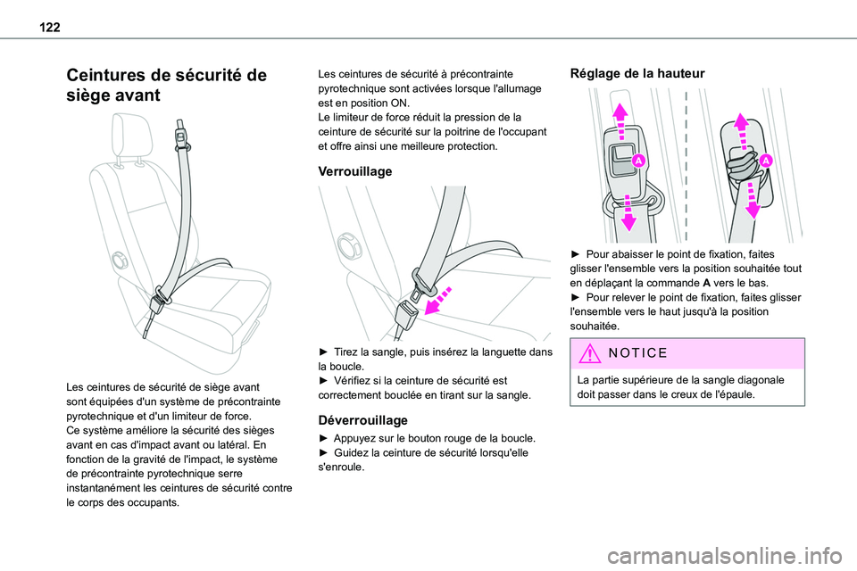 TOYOTA PROACE VERSO EV 2024 Manuel du propriétaire (in French) 122
Ceintures de sécurité de
siège avant
Les ceintures de sécurité de siège avant sont équipées d'un système de précontrainte pyrotechnique et d'un limiteur de force.Ce système TOYOTA PROACE VERSO EV 2024 Manuel du propriétaire (in French) 122
Ceintures de sécurité de
siège avant
Les ceintures de sécurité de siège avant sont équipées d'un système de précontrainte pyrotechnique et d'un limiteur de force.Ce système