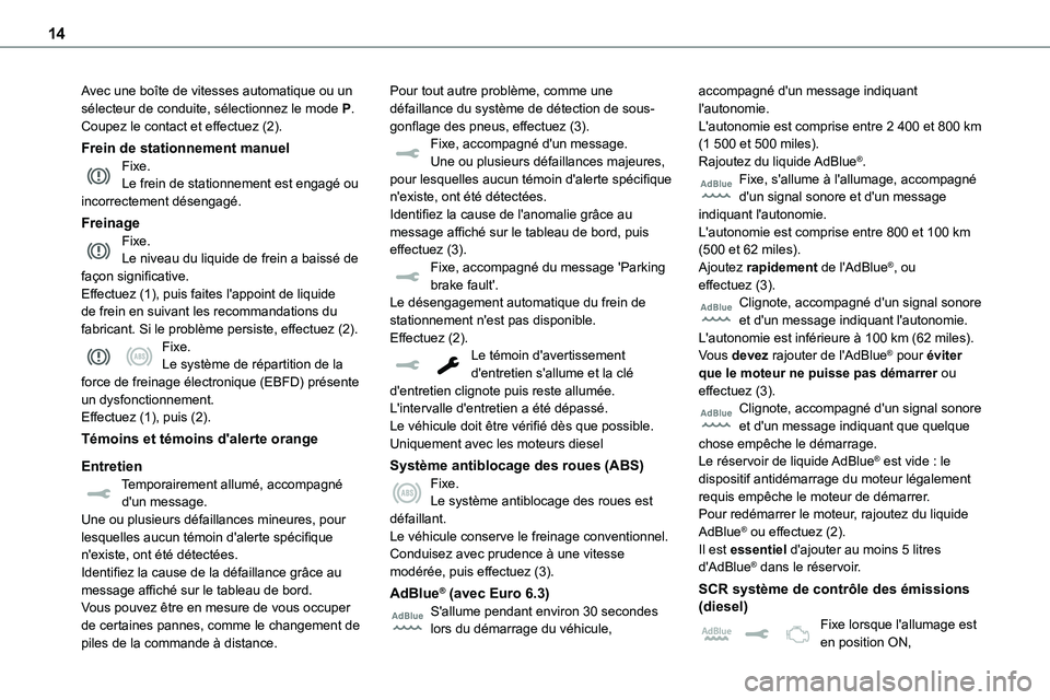 TOYOTA PROACE VERSO EV 2024 Manuel du propriétaire (in French) 14
Avec une boîte de vitesses automatique ou un sélecteur de conduite, sélectionnez le mode P.Coupez le contact et effectuez (2).
Frein de stationnement manuelFixe.Le frein de stationnement est eng TOYOTA PROACE VERSO EV 2024 Manuel du propriétaire (in French) 14
Avec une boîte de vitesses automatique ou un sélecteur de conduite, sélectionnez le mode P.Coupez le contact et effectuez (2).
Frein de stationnement manuelFixe.Le frein de stationnement est eng