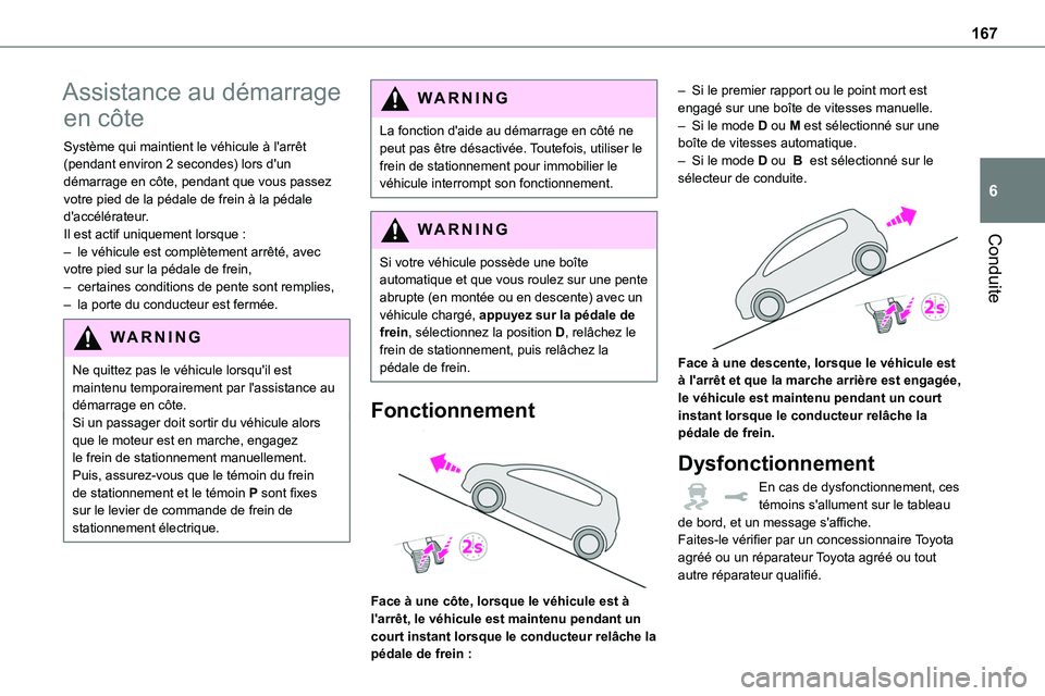 TOYOTA PROACE VERSO EV 2024 Manuel du propriétaire (in French) 167
Conduite
6
Assistance au démarrage
en côte
Système qui maintient le véhicule à l'arrêt (pendant environ 2 secondes) lors d'un démarrage en côte, pendant que vous passez votre pied TOYOTA PROACE VERSO EV 2024 Manuel du propriétaire (in French) 167
Conduite
6
Assistance au démarrage
en côte
Système qui maintient le véhicule à l'arrêt (pendant environ 2 secondes) lors d'un démarrage en côte, pendant que vous passez votre pied