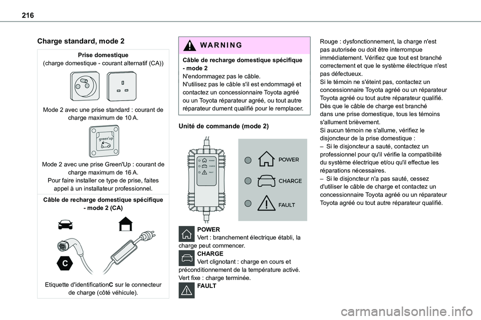 TOYOTA PROACE VERSO EV 2024 Manuel du propriétaire (in French) 216
Charge standard, mode 2
Prise domestique(charge domestique - courant alternatif (CA))
Mode 2 avec une prise standard : courant de charge maximum de 10 A.
Mode 2 avec une prise Green'Up : TOYOTA PROACE VERSO EV 2024 Manuel du propriétaire (in French) 216
Charge standard, mode 2
Prise domestique(charge domestique - courant alternatif (CA))
Mode 2 avec une prise standard : courant de charge maximum de 10 A.
Mode 2 avec une prise Green'Up :