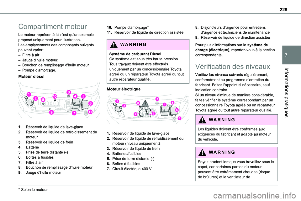 TOYOTA PROACE VERSO EV 2024 Manuel du propriétaire (in French) 229
Informations pratiques
7
Compartiment moteur
Le moteur représenté ici n'est qu'un exemple proposé uniquement pour illustration.Les emplacements des composants suivants peuvent varier : TOYOTA PROACE VERSO EV 2024 Manuel du propriétaire (in French) 229
Informations pratiques
7
Compartiment moteur
Le moteur représenté ici n'est qu'un exemple proposé uniquement pour illustration.Les emplacements des composants suivants peuvent varier :