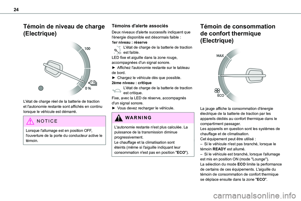 TOYOTA PROACE VERSO EV 2024  Manuel du propriétaire (in French) 24
Témoin de niveau de charge 
(Electrique) 
 
L'état de charge réel de la batterie de traction et l'autonomie restante sont affichés en continu lorsque le véhicule est démarré.
NOTIC E
