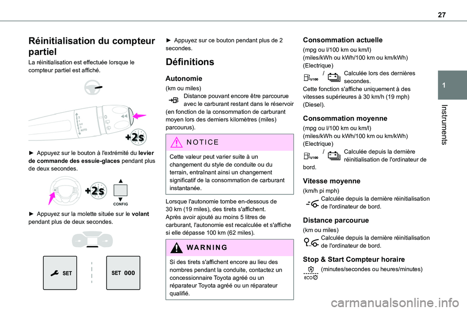 TOYOTA PROACE VERSO EV 2024 Manuel du propriétaire (in French) 27
Instruments
1
Réinitialisation du compteur
partiel
La réinitialisation est effectuée lorsque le compteur partiel est affiché.
► Appuyez sur le bouton à l'extrémité du levier de TOYOTA PROACE VERSO EV 2024 Manuel du propriétaire (in French) 27
Instruments
1
Réinitialisation du compteur
partiel
La réinitialisation est effectuée lorsque le compteur partiel est affiché.
► Appuyez sur le bouton à l'extrémité du levier de