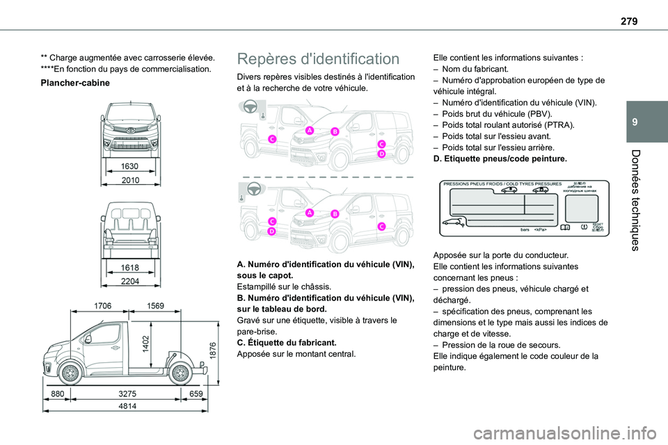 TOYOTA PROACE VERSO EV 2024 Manuel du propriétaire (in French) 279
Données techniques
9
** Charge augmentée avec carrosserie élevée.****En fonction du pays de commercialisation.
Plancher-cabine
Repères d'identification
Divers repères visibles d TOYOTA PROACE VERSO EV 2024 Manuel du propriétaire (in French) 279
Données techniques
9
** Charge augmentée avec carrosserie élevée.****En fonction du pays de commercialisation.
Plancher-cabine
Repères d'identification
Divers repères visibles d