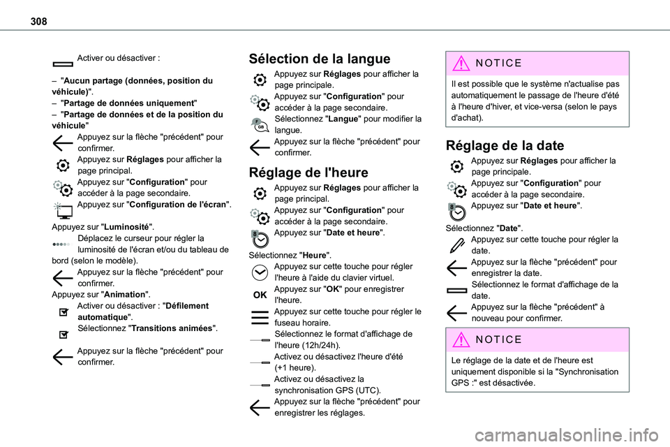 TOYOTA PROACE VERSO EV 2024 Manuel du propriétaire (in French) 308
Activer ou désactiver :
– "Aucun partage (données, position du véhicule)".– "Partage de données uniquement"– "Partage de données et de la position du véhicule" TOYOTA PROACE VERSO EV 2024 Manuel du propriétaire (in French) 308
Activer ou désactiver :
– "Aucun partage (données, position du véhicule)".– "Partage de données uniquement"– "Partage de données et de la position du véhicule"