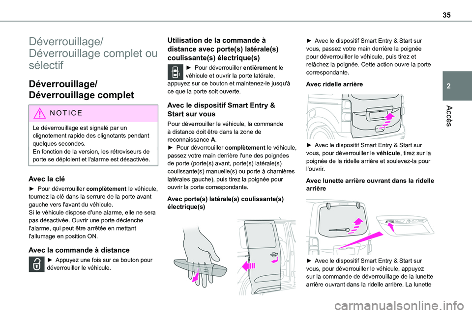 TOYOTA PROACE VERSO EV 2024 Manuel du propriétaire (in French) 35
Accès
2
Déverrouillage/
Déverrouillage complet ou
sélectif
Déverrouillage/
Déverrouillage complet
NOTIC E
Le déverrouillage est signalé par un clignotement rapide des clignotants pendant q TOYOTA PROACE VERSO EV 2024 Manuel du propriétaire (in French) 35
Accès
2
Déverrouillage/
Déverrouillage complet ou
sélectif
Déverrouillage/
Déverrouillage complet
NOTIC E
Le déverrouillage est signalé par un clignotement rapide des clignotants pendant q