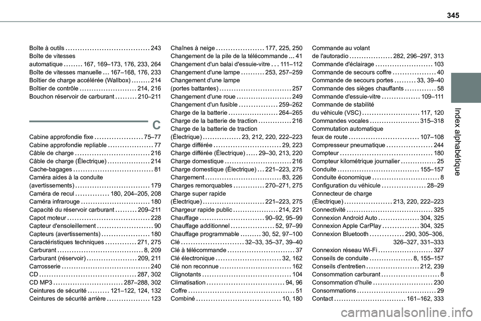 TOYOTA PROACE VERSO EV 2024 Manuel du propriétaire (in French) 345
Index alphabétique
Boîte à outils 243Boîte de vitesses automatique 167, 169–173, 176, 233, 264Boîte de vitesses manuelle 167–168, 176, 233Boîtier de charge accélérée (Wallbox) TOYOTA PROACE VERSO EV 2024 Manuel du propriétaire (in French) 345
Index alphabétique
Boîte à outils 243Boîte de vitesses automatique 167, 169–173, 176, 233, 264Boîte de vitesses manuelle 167–168, 176, 233Boîtier de charge accélérée (Wallbox)