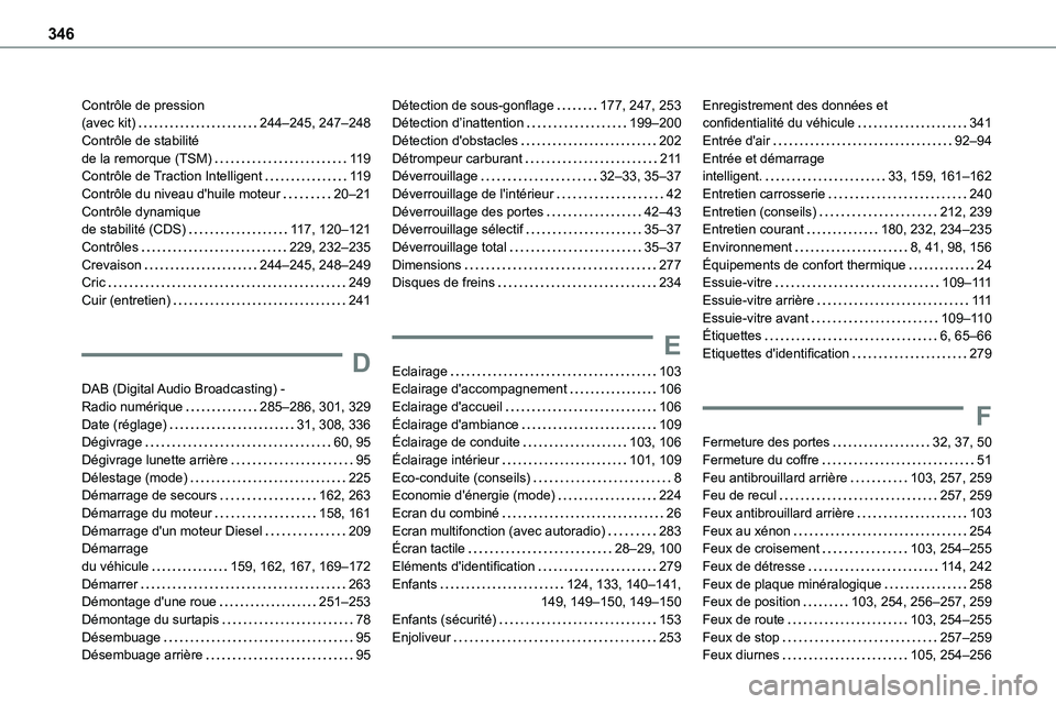 TOYOTA PROACE VERSO EV 2024 Manuel du propriétaire (in French) 346
Contrôle de pression (avec kit) 244–245, 247–248Contrôle de stabilité de la remorque (TSM) 11 9Contrôle de Traction Intelligent 11 9Contrôle du niveau d'huile moteur 20–21 TOYOTA PROACE VERSO EV 2024 Manuel du propriétaire (in French) 346
Contrôle de pression (avec kit) 244–245, 247–248Contrôle de stabilité de la remorque (TSM) 11 9Contrôle de Traction Intelligent 11 9Contrôle du niveau d'huile moteur 20–21