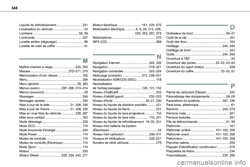 TOYOTA PROACE VERSO EV 2024 Manuel du propriétaire (in French) 348
Liquide de refroidissement 231Localisation du véhicule 33Lombaire 55, 59Luminosité 307Lunette arrière (dégivrage) 95Lunette de volet de coffre 51
M
Maillon chaînes à neige 225, TOYOTA PROACE VERSO EV 2024 Manuel du propriétaire (in French) 348
Liquide de refroidissement 231Localisation du véhicule 33Lombaire 55, 59Luminosité 307Lunette arrière (dégivrage) 95Lunette de volet de coffre 51
M
Maillon chaînes à neige 225,