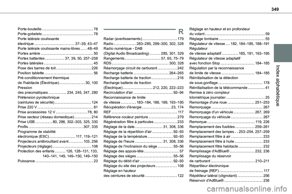 TOYOTA PROACE VERSO EV 2024 Manuel du propriétaire (in French) 349
Index alphabétique
Porte-bouteille 78Porte-gobelets 78Porte latérale coulissante électrique 37–39, 43–47Porte latérale coulissante mains-libres 48–49Portes arrière 50Portes b TOYOTA PROACE VERSO EV 2024 Manuel du propriétaire (in French) 349
Index alphabétique
Porte-bouteille 78Porte-gobelets 78Porte latérale coulissante électrique 37–39, 43–47Porte latérale coulissante mains-libres 48–49Portes arrière 50Portes b
