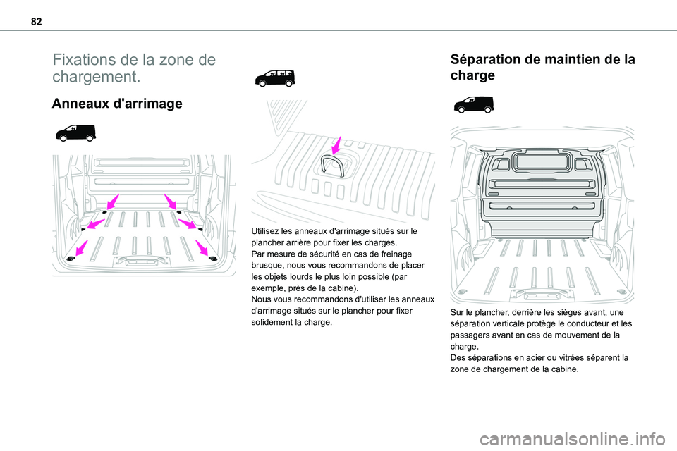 TOYOTA PROACE VERSO EV 2024  Manuel du propriétaire (in French) 82
Fixations de la zone de 
chargement.
Anneaux d'arrimage 
  
 
 
  
 
Utilisez les anneaux d'arrimage situés sur le plancher arrière pour fixer les charges.Par mesure de sécurité en cas 