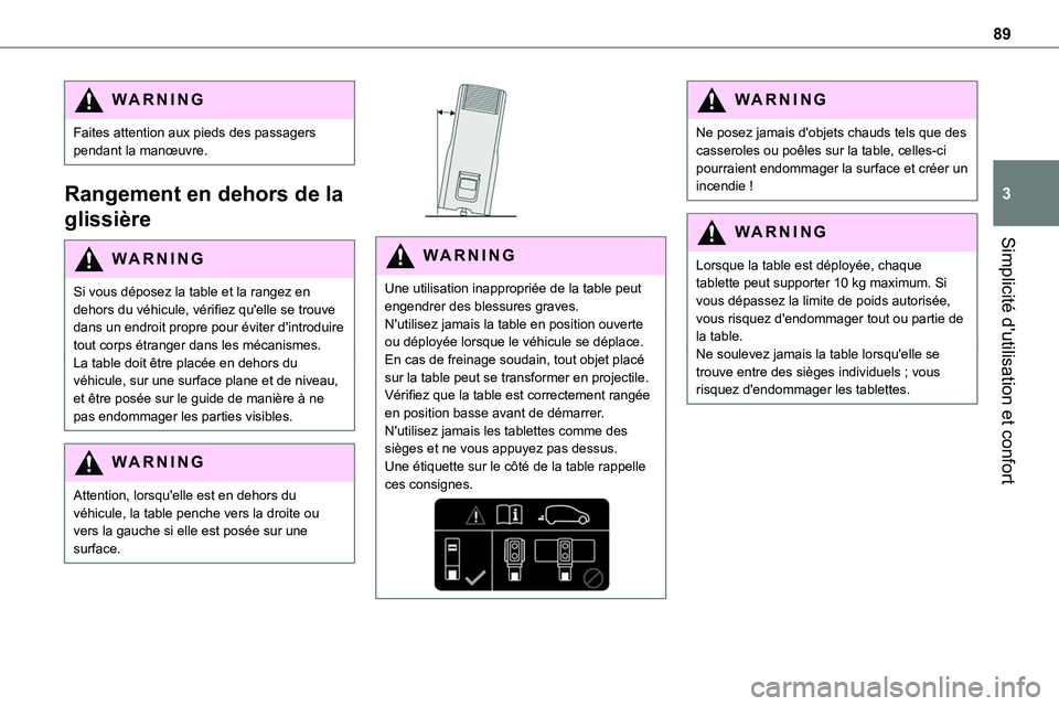 TOYOTA PROACE VERSO EV 2024 Manuel du propriétaire (in French) 89
Simplicité d'utilisation et confort
3
WARNI NG
Faites attention aux pieds des passagers pendant la manœuvre.
Rangement en dehors de la
glissière
WARNI NG
Si vous déposez la table et la ran TOYOTA PROACE VERSO EV 2024 Manuel du propriétaire (in French) 89
Simplicité d'utilisation et confort
3
WARNI NG
Faites attention aux pieds des passagers pendant la manœuvre.
Rangement en dehors de la
glissière
WARNI NG
Si vous déposez la table et la ran