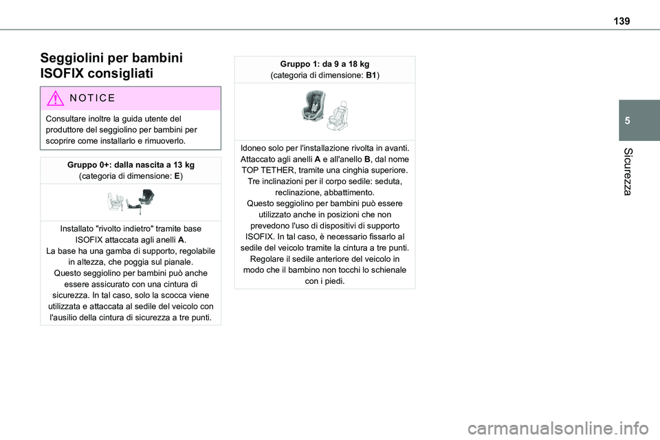 TOYOTA PROACE VERSO EV 2024 Manuale duso (in Italian) 139
Sicurezza
5
Seggiolini per bambini
ISOFIX consigliati
NOTIC E
Consultare inoltre la guida utente del produttore del seggiolino per bambini per scoprire come installarlo e rimuoverlo.
Gruppo 0+: d TOYOTA PROACE VERSO EV 2024 Manuale duso (in Italian) 139
Sicurezza
5
Seggiolini per bambini
ISOFIX consigliati
NOTIC E
Consultare inoltre la guida utente del produttore del seggiolino per bambini per scoprire come installarlo e rimuoverlo.
Gruppo 0+: d