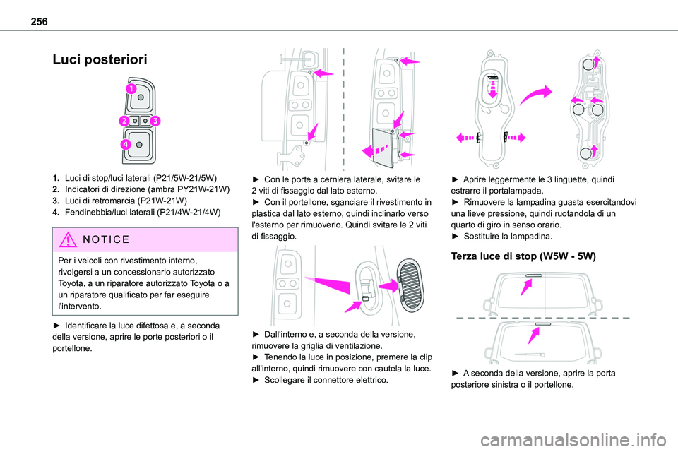 TOYOTA PROACE VERSO EV 2024 Manuale duso (in Italian) 256
Luci posteriori
1.Luci di stop/luci laterali (P21/5W-21/5W)
2.Indicatori di direzione (ambra PY21W-21W)
3.Luci di retromarcia (P21W-21W)
4.Fendinebbia/luci laterali (P21/4W-21/4W)
NOTIC E
Per i TOYOTA PROACE VERSO EV 2024 Manuale duso (in Italian) 256
Luci posteriori
1.Luci di stop/luci laterali (P21/5W-21/5W)
2.Indicatori di direzione (ambra PY21W-21W)
3.Luci di retromarcia (P21W-21W)
4.Fendinebbia/luci laterali (P21/4W-21/4W)
NOTIC E
Per i