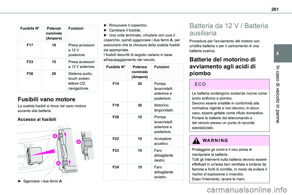 TOYOTA PROACE VERSO EV 2024  Manuale duso (in Italian) 261
In caso di veicolo in panne
8
Fusibile N°Potenza nominale(Ampere)
Funzioni
F1710Presa accessori a 12 V posteriore.
F3315Presa accessori a 12 V anteriore.
F3620Sistema audio, touch screen, lettore