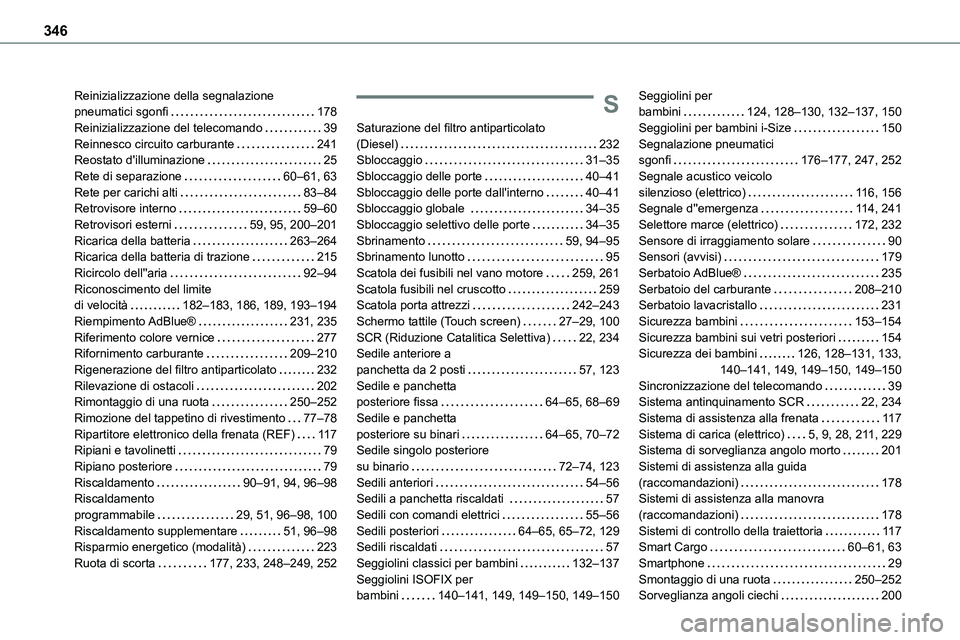 TOYOTA PROACE VERSO EV 2024 Manuale duso (in Italian) 346
Reinizializzazione della segnalazione pneumatici sgonfi 178Reinizializzazione del telecomando 39Reinnesco circuito carburante 241Reostato d'illuminazione 25Rete di separazione 60– TOYOTA PROACE VERSO EV 2024 Manuale duso (in Italian) 346
Reinizializzazione della segnalazione pneumatici sgonfi 178Reinizializzazione del telecomando 39Reinnesco circuito carburante 241Reostato d'illuminazione 25Rete di separazione 60–