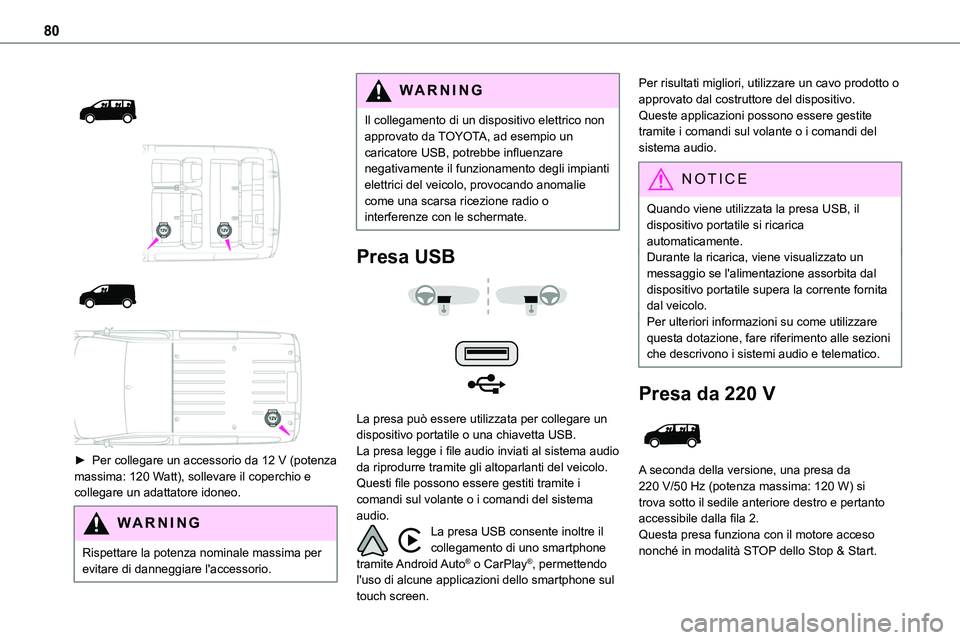 TOYOTA PROACE VERSO EV 2024 Manuale duso (in Italian) 80
► Per collegare un accessorio da 12 V (potenza massima: 120 Watt), sollevare il coperchio e collegare un adattatore idoneo.
WARNI NG
Rispettare la potenza nominale massima per evitar TOYOTA PROACE VERSO EV 2024 Manuale duso (in Italian) 80
► Per collegare un accessorio da 12 V (potenza massima: 120 Watt), sollevare il coperchio e collegare un adattatore idoneo.
WARNI NG
Rispettare la potenza nominale massima per evitar