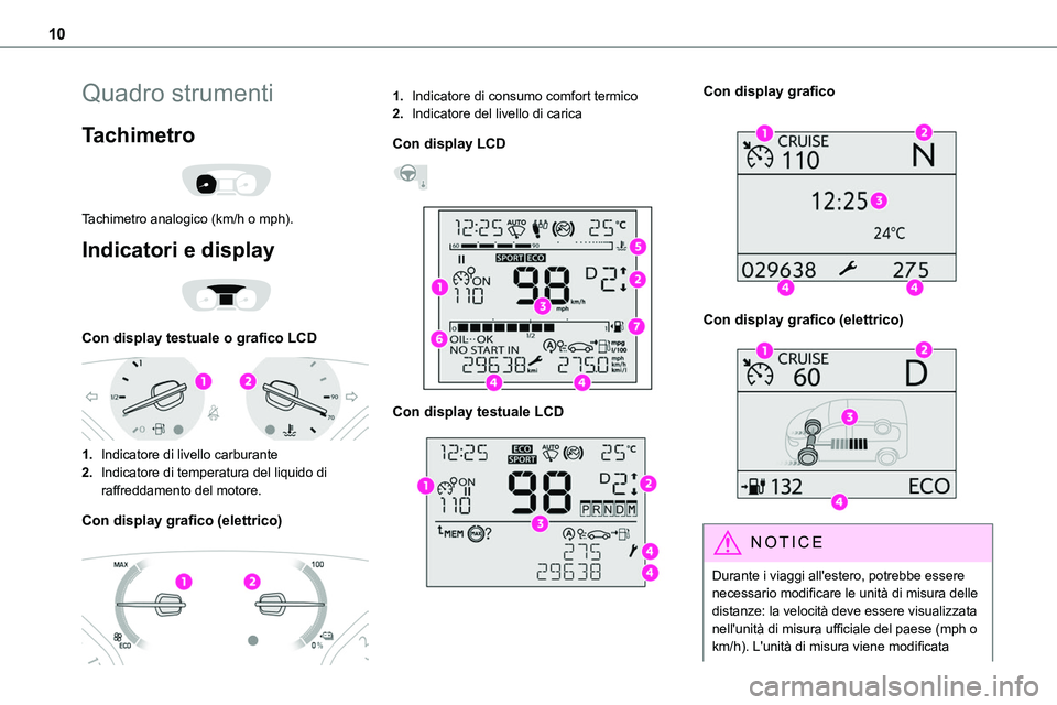TOYOTA PROACE VERSO EV 2024  Manuale duso (in Italian) 10
Quadro strumenti
Tachimetro 
 
Tachimetro analogico (km/h o mph).
Indicatori e display 
 
Con display testuale o grafico LCD 
 
1.Indicatore di livello carburante
2.Indicatore di temperatura del li