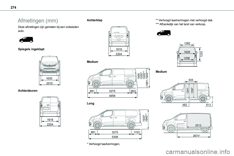 TOYOTA PROACE VERSO EV 2024  Instructieboekje (in Dutch) 274
Afmetingen (mm)
Deze afmetingen zijn gemeten bij een onbeladen auto. 
 
Spiegels ingeklapt 
 
Achterdeuren 
 
Achterklep 
 
Medium 
 
Long 
 
* Verhoogd laadvermogen.
** Verhoogd laadvermogen met 