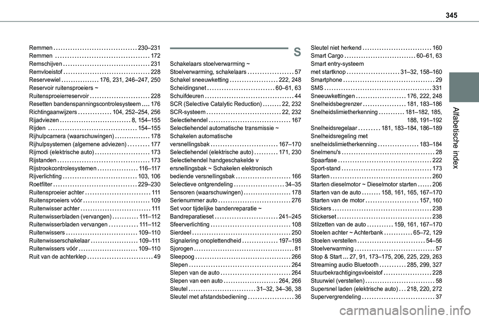 TOYOTA PROACE VERSO EV 2024  Instructieboekje (in Dutch) 345
Alfabetische index
Remmen   230–231Remmen    172Remschijven   231Remvloeistof   228Reservewiel   176, 231, 246–247, 250Reservoir ruitensproeiers ~  Ruitensproeierreservoir   228Resetten banden