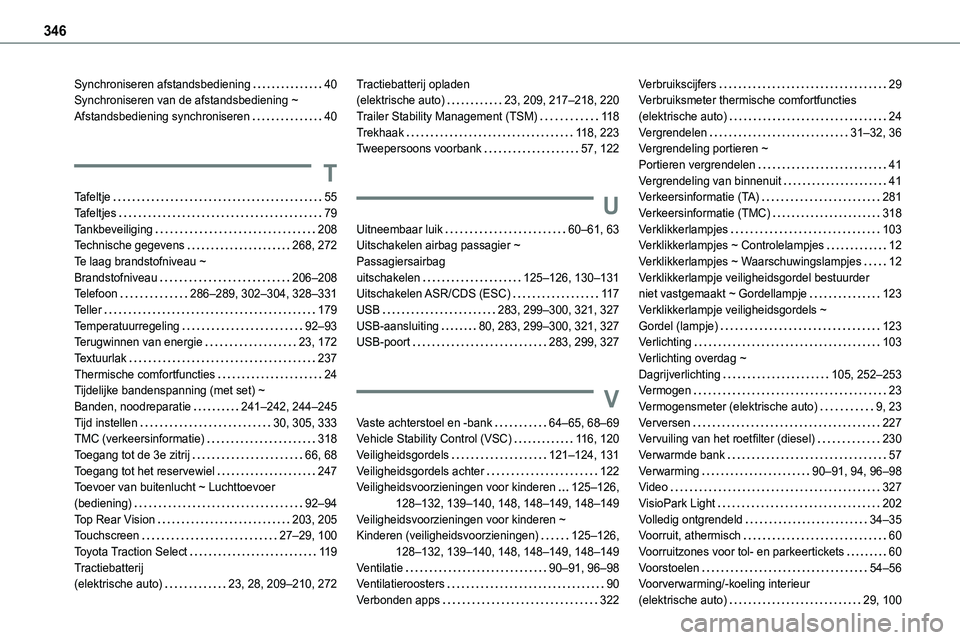 TOYOTA PROACE VERSO EV 2024  Instructieboekje (in Dutch) 346
Synchroniseren afstandsbediening   40Synchroniseren van de afstandsbediening ~ Afstandsbediening synchroniseren   40
T
Tafeltje   55Tafeltjes   79Tankbeveiliging   208Technische gegevens   268, 27