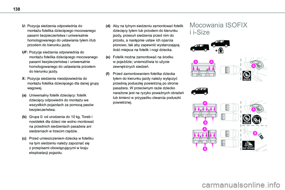 TOYOTA PROACE VERSO EV 2024 Instrukcja obsługi (in Polish) 138
U:Pozycja siedzenia odpowiednia do montażu fotelika dziecięcego mocowanego pasami bezpieczeństwa i uniwersalnie homologowanego do ustawiania tyłem i/lub przodem do kierunku jazdy.
UF:Pozycja s TOYOTA PROACE VERSO EV 2024 Instrukcja obsługi (in Polish) 138
U:Pozycja siedzenia odpowiednia do montażu fotelika dziecięcego mocowanego pasami bezpieczeństwa i uniwersalnie homologowanego do ustawiania tyłem i/lub przodem do kierunku jazdy.
UF:Pozycja s