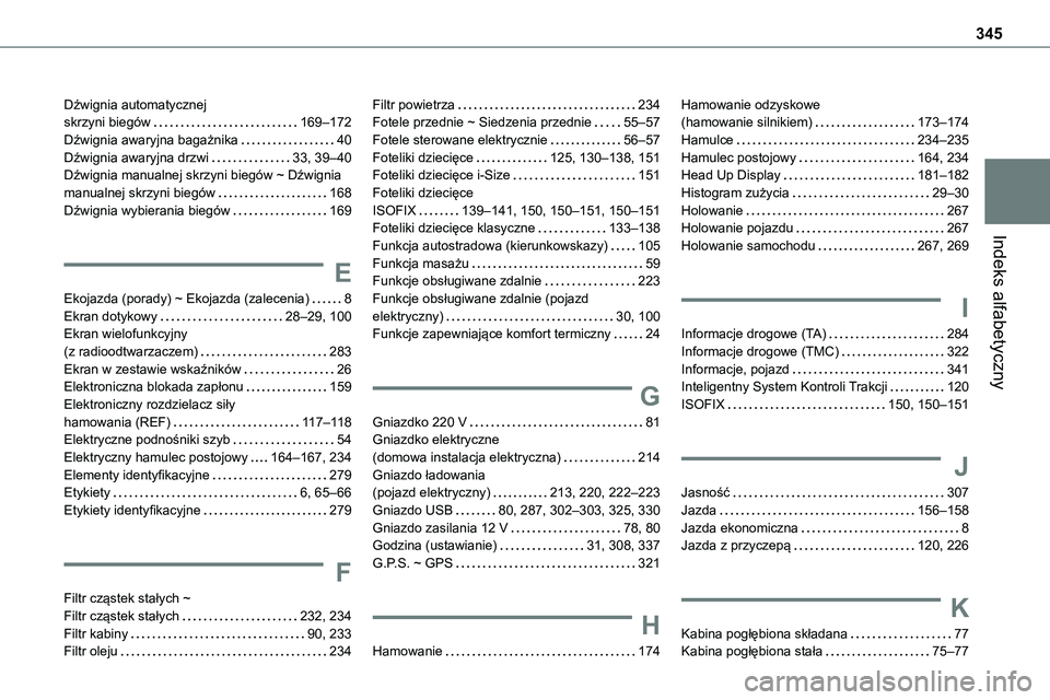 TOYOTA PROACE VERSO EV 2024 Instrukcja obsługi (in Polish) 345
Indeks alfabetyczny
Dźwignia automatycznej skrzyni biegów 169–172Dźwignia awaryjna bagażnika 40Dźwignia awaryjna drzwi 33, 39–40Dźwignia manualnej skrzyni biegów ~ Dźwignia manu TOYOTA PROACE VERSO EV 2024 Instrukcja obsługi (in Polish) 345
Indeks alfabetyczny
Dźwignia automatycznej skrzyni biegów 169–172Dźwignia awaryjna bagażnika 40Dźwignia awaryjna drzwi 33, 39–40Dźwignia manualnej skrzyni biegów ~ Dźwignia manu