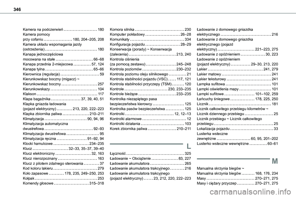 TOYOTA PROACE VERSO EV 2024 Instrukcja obsługi (in Polish) 346
Kamera na podczerwień 180Kamera pomocy przy cofaniu 180, 204–205, 208Kamera układu wspomagania jazdy (ostrzeżenia) 180Kanapa jednoczęściowa mocowana na stałe 66–68Kanapa przedn TOYOTA PROACE VERSO EV 2024 Instrukcja obsługi (in Polish) 346
Kamera na podczerwień 180Kamera pomocy przy cofaniu 180, 204–205, 208Kamera układu wspomagania jazdy (ostrzeżenia) 180Kanapa jednoczęściowa mocowana na stałe 66–68Kanapa przedn