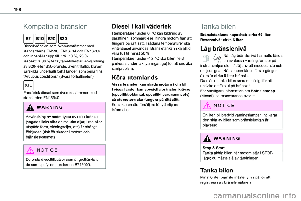 TOYOTA PROACE VERSO EV 2024  Bruksanvisningar (in Swedish) 198
Kompatibla bränslen  
Dieselbränslen som överensstämmer med standarderna EN590, EN16734 och EN16709 och innehåller upp till 7 %, 10 %, 20 % respektive 30 % fettsyrametylestrar. Användning av