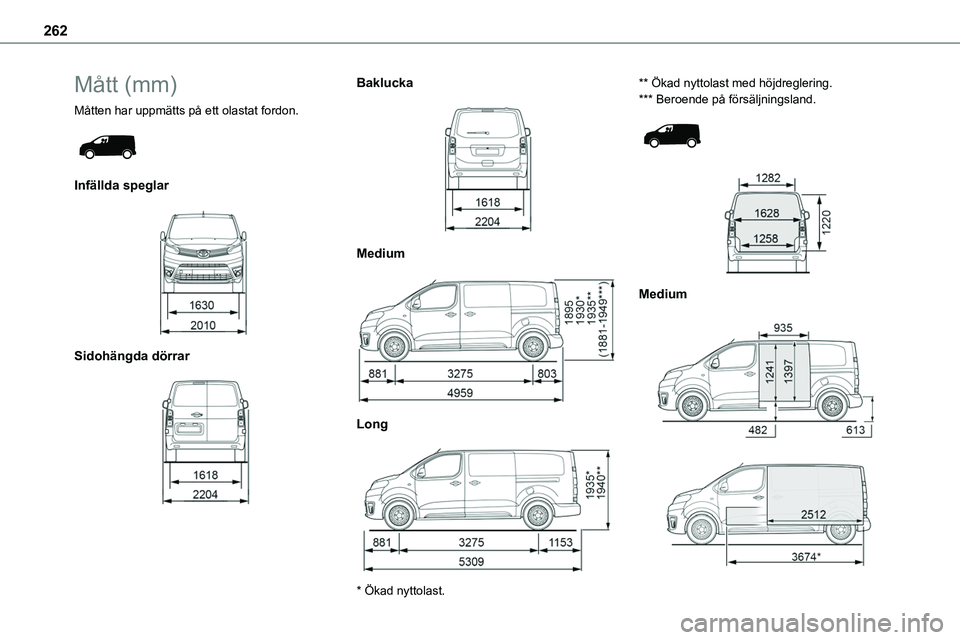 TOYOTA PROACE VERSO EV 2024  Bruksanvisningar (in Swedish) 262
Mått (mm)
Måtten har uppmätts på ett olastat fordon. 
 
Infällda speglar 
 
Sidohängda dörrar 
 
Baklucka 
 
Medium 
 
Long 
 
* Ökad nyttolast.
** Ökad nyttolast med höjdreglering.*** B