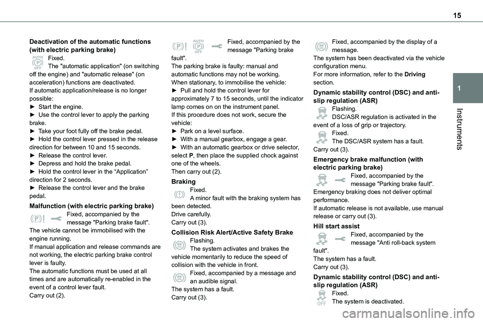 TOYOTA PROACE VERSO EV 2023  Owners Manual 15
Instruments
1
Deactivation of the automatic functions (with electric parking brake)Fixed.The "automatic application" (on switching off the engine) and "automatic release" (on accele
