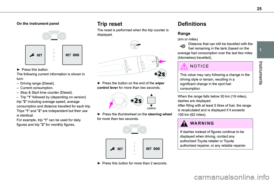 TOYOTA PROACE VERSO EV 2023  Owners Manual 25
Instruments
1
On the instrument panel 
  
 
► Press this button.The following current information is shown in turn:– Driving range (Diesel).– Current consumption.– Stop & Start time counter