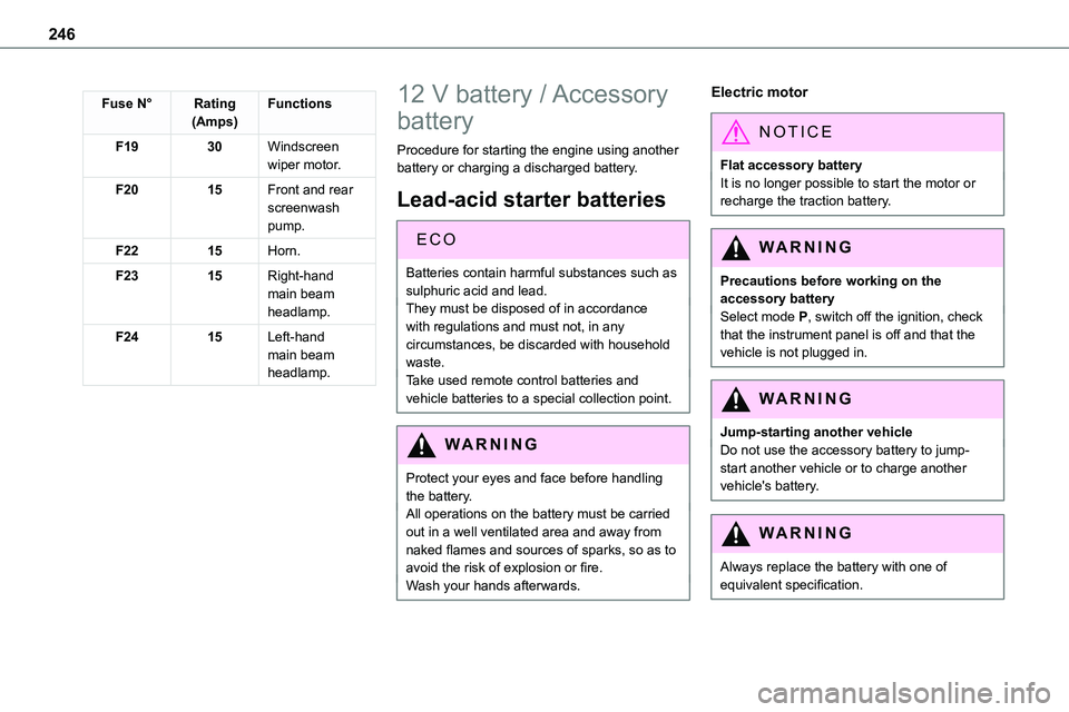 TOYOTA PROACE VERSO EV 2023  Owners Manual 246
Fuse N°Rating(Amps)Functions
F1930Windscreen wiper motor.
F2015Front and rear screenwash pump.
F2215Horn.
F2315Right-hand main beam headlamp.
F2415Left-hand main beam headlamp.
12 V battery / Acc