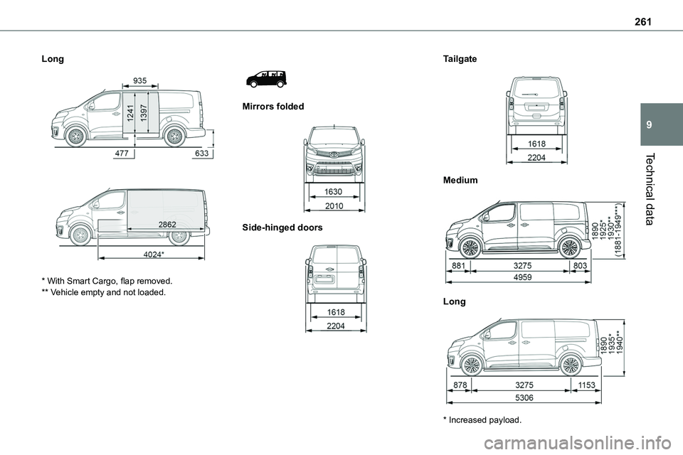 TOYOTA PROACE VERSO EV 2023  Owners Manual 261
Technical data
9
Long 
  
 
* With Smart Cargo, flap removed.** Vehicle empty and not loaded.
 
 
Mirrors folded 
 
Side-hinged doors 
 
Tailgate 
 
Medium 
 
Long 
 
* Increased payload.   