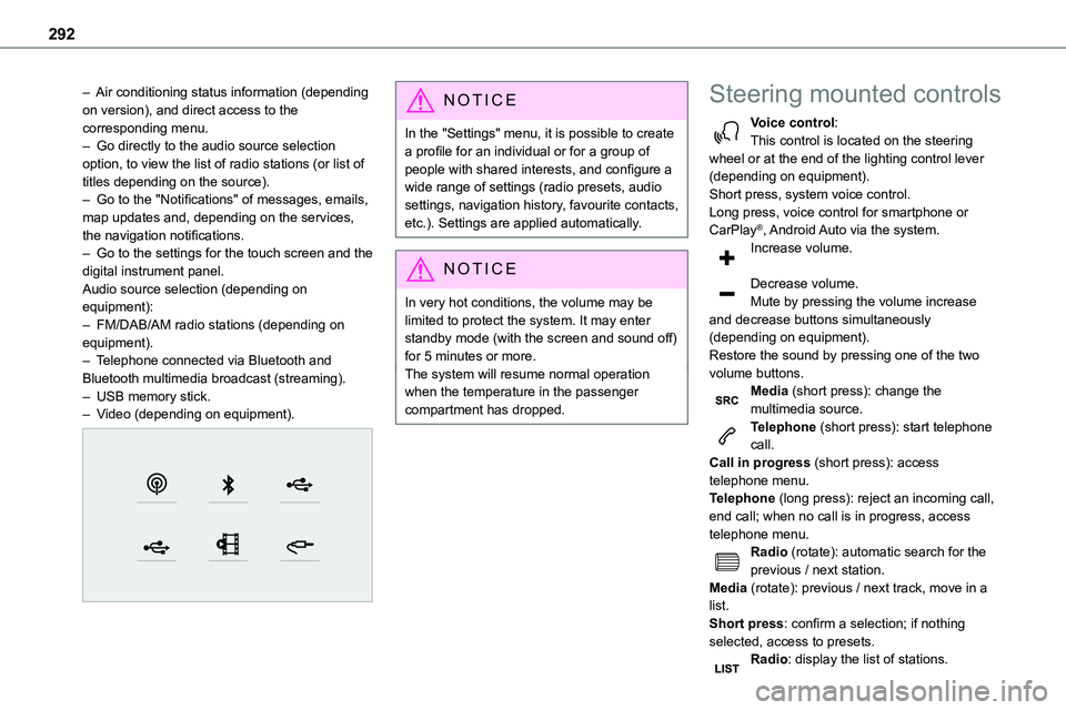 TOYOTA PROACE VERSO EV 2023  Owners Manual 292
– Air conditioning status information (depending on version), and direct access to the corresponding menu.–  Go directly to the audio source selection option, to view the list of radio station