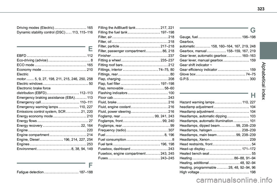 TOYOTA PROACE VERSO EV 2023  Owners Manual 323
Alphabetical index
Driving modes (Electric)   165Dynamic stability control (DSC)   11 3, 11 5–11 6
E
EBFD   11 2Eco-driving (advice)   8
ECO mode   165Economy mode   210Electric  motor   5, 9, 2