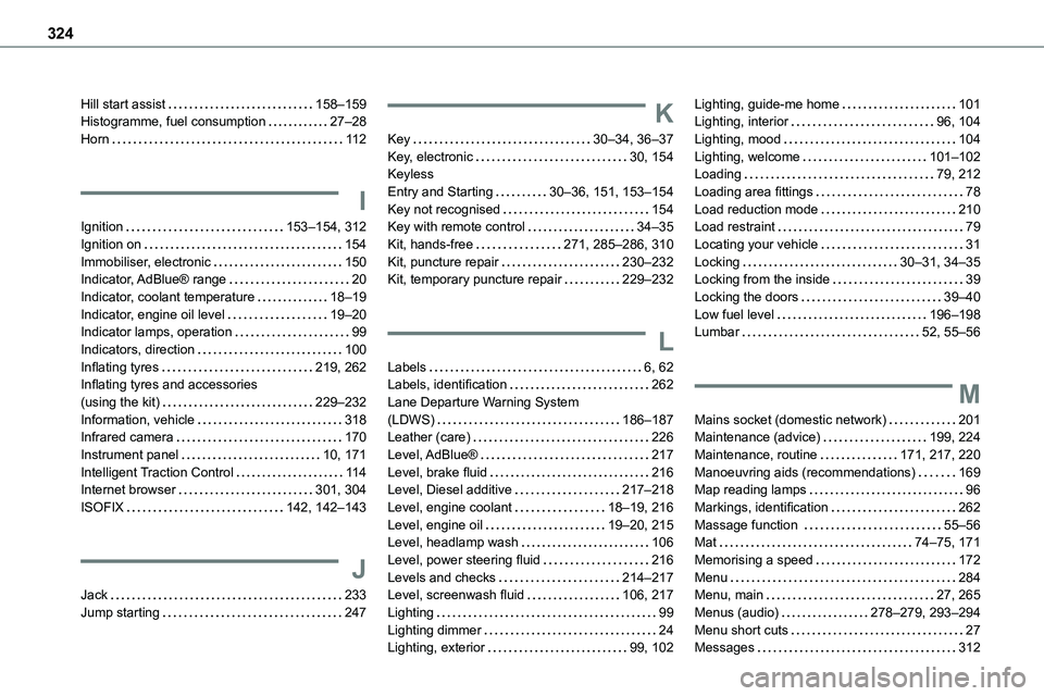 TOYOTA PROACE VERSO EV 2023  Owners Manual 324
Hill start assist   158–159Histogramme, fuel consumption   27–28Horn   11 2
I
Ignition   153–154, 312
Ignition on   154Immobiliser, electronic   150Indicator, AdBlue®  range   20Indicator, 