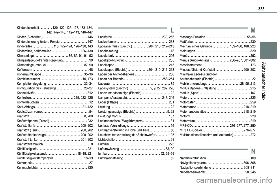 TOYOTA PROACE VERSO EV 2023 Betriebsanleitungen (in German) 333
Alphabetischer Index
Kindersicherheit 120, 122–125, 127, 133–134, 142, 142–143, 142–143, 146–147Kinder (Sicherheit) 146Kindersicherung hintere Fenster 147Kindersitze 11 8, 122 TOYOTA PROACE VERSO EV 2023 Betriebsanleitungen (in German) 333
Alphabetischer Index
Kindersicherheit 120, 122–125, 127, 133–134, 142, 142–143, 142–143, 146–147Kinder (Sicherheit) 146Kindersicherung hintere Fenster 147Kindersitze 11 8, 122