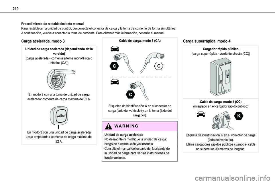 TOYOTA PROACE VERSO EV 2023 Manual del propietario (in Spanish) 210
Procedimiento de restablecimiento manualPara restablecer la unidad de control, desconecte el conector de carga y\
la toma de corriente de forma simultánea.A continuación, vuelva a conectar la t TOYOTA PROACE VERSO EV 2023 Manual del propietario (in Spanish) 210
Procedimiento de restablecimiento manualPara restablecer la unidad de control, desconecte el conector de carga y\
la toma de corriente de forma simultánea.A continuación, vuelva a conectar la t