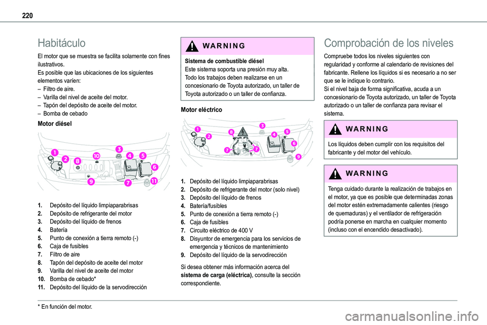 TOYOTA PROACE VERSO EV 2023 Manual del propietario (in Spanish) 220
Habitáculo
El motor que se muestra se facilita solamente con fines ilustrativos.Es posible que las ubicaciones de los siguientes elementos varíen:– Filtro de aire.– Varilla del nivel de acei TOYOTA PROACE VERSO EV 2023 Manual del propietario (in Spanish) 220
Habitáculo
El motor que se muestra se facilita solamente con fines ilustrativos.Es posible que las ubicaciones de los siguientes elementos varíen:– Filtro de aire.– Varilla del nivel de acei