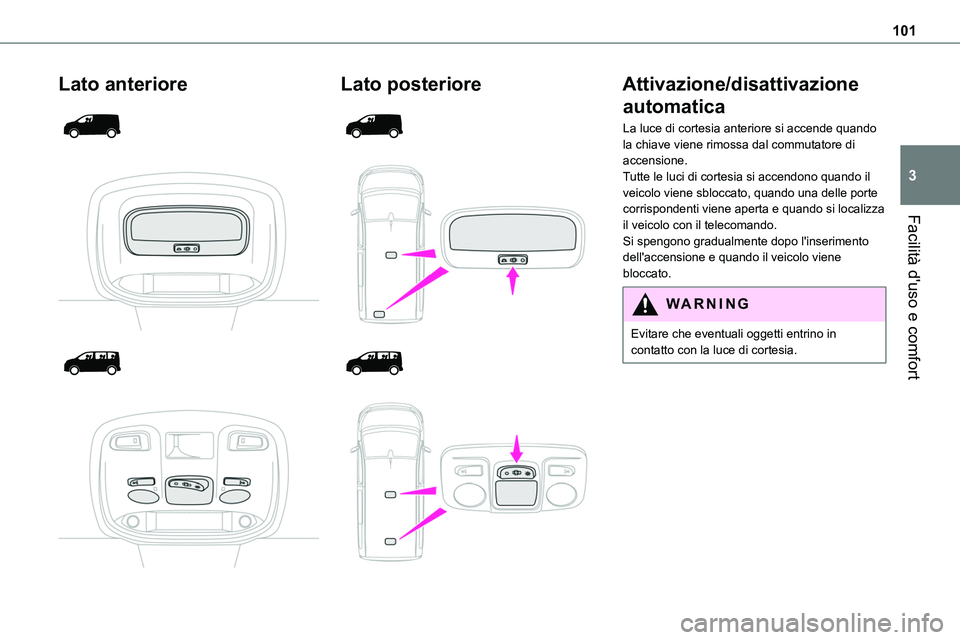 TOYOTA PROACE VERSO EV 2023  Manuale duso (in Italian) 101
Facilità d'uso e comfort
3
Lato anteriore 
  
  
  
 
Lato posteriore 
  
  
  
 
Attivazione/disattivazione 
automatica
La luce di cortesia anteriore si accende quando la chiave viene rimoss