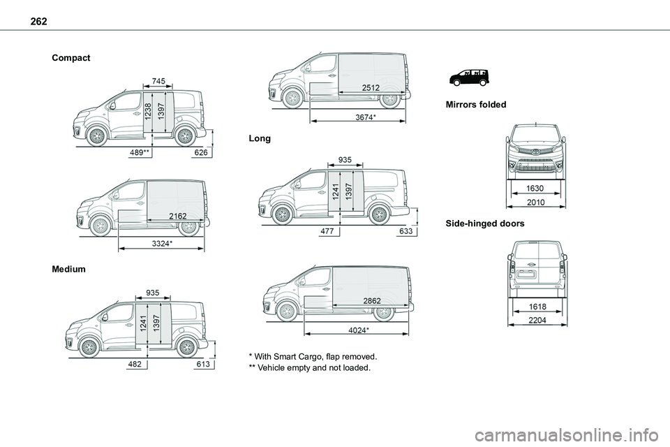 TOYOTA PROACE VERSO EV 2022  Owners Manual 262
Compact 
  
 
Medium 
  
 
Long 
  
 
* With Smart Cargo, flap removed.** Vehicle empty and not loaded.
 
 
Mirrors folded 
 
Side-hinged doors 
   