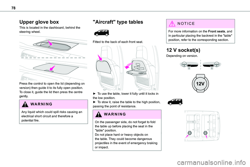 TOYOTA PROACE VERSO EV 2022 Owners Manual 78
Upper glove box
This is located in the dashboard, behind the steering wheel.
Press the control to open the lid (depending on version) then guide it to its fully open position.To close it, guide TOYOTA PROACE VERSO EV 2022 Owners Manual 78
Upper glove box
This is located in the dashboard, behind the steering wheel.
Press the control to open the lid (depending on version) then guide it to its fully open position.To close it, guide