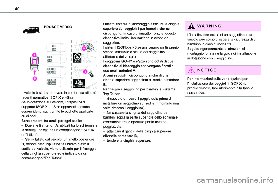 TOYOTA PROACE VERSO EV 2022 Manuale duso (in Italian) 140
PROACE VERSO
Il veicolo è stato approvato in conformità alle più recenti normative ISOFIX e i-Size.Se in dotazione sul veicolo, i dispositivi di supporto ISOFIX e i-Size approvati possono e TOYOTA PROACE VERSO EV 2022 Manuale duso (in Italian) 140
PROACE VERSO
Il veicolo è stato approvato in conformità alle più recenti normative ISOFIX e i-Size.Se in dotazione sul veicolo, i dispositivi di supporto ISOFIX e i-Size approvati possono e