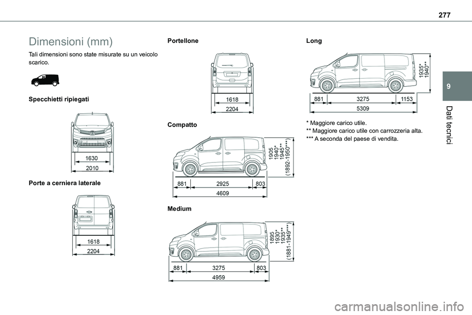 TOYOTA PROACE VERSO EV 2022  Manuale duso (in Italian) 277
Dati tecnici
9
Dimensioni (mm)
Tali dimensioni sono state misurate su un veicolo scarico. 
 
Specchietti ripiegati 
 
Porte a cerniera laterale 
 
Portellone 
 
Compatto 
 
Medium 
 
Long 
 
* Mag