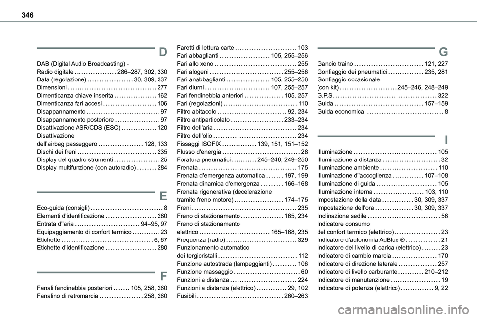 TOYOTA PROACE VERSO EV 2022 Manuale duso (in Italian) 346
D
DAB (Digital Audio Broadcasting) - Radio digitale 286–287, 302, 330Data (regolazione) 30, 309, 337Dimensioni 277Dimenticanza chiave inserita 162Dimenticanza fari accesi 106
Disappan TOYOTA PROACE VERSO EV 2022 Manuale duso (in Italian) 346
D
DAB (Digital Audio Broadcasting) - Radio digitale 286–287, 302, 330Data (regolazione) 30, 309, 337Dimensioni 277Dimenticanza chiave inserita 162Dimenticanza fari accesi 106
Disappan