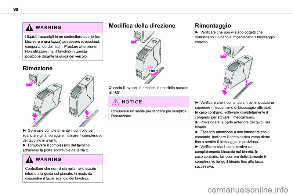 TOYOTA PROACE VERSO EV 2022 Manuale duso (in Italian) 90
WARNI NG
I liquidi trasportati in un contenitore aperto (un bicchiere o una tazza) potrebbero rovesciarsi, comportando dei rischi. Prestare attenzione.Non utilizzare mai il tavolino in questa posiz TOYOTA PROACE VERSO EV 2022 Manuale duso (in Italian) 90
WARNI NG
I liquidi trasportati in un contenitore aperto (un bicchiere o una tazza) potrebbero rovesciarsi, comportando dei rischi. Prestare attenzione.Non utilizzare mai il tavolino in questa posiz
