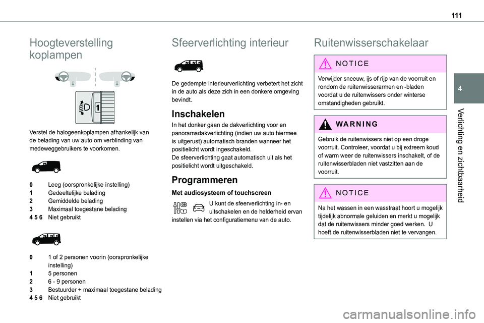 TOYOTA PROACE VERSO EV 2022 Instructieboekje (in Dutch) 111
Verlichting en zichtbaarheid
4
Hoogteverstelling
koplampen
Verstel de halogeenkoplampen afhankelijk van de belading van uw auto om verblinding van medeweggebruikers te voorkomen.
0Leeg (oo TOYOTA PROACE VERSO EV 2022 Instructieboekje (in Dutch) 111
Verlichting en zichtbaarheid
4
Hoogteverstelling
koplampen
Verstel de halogeenkoplampen afhankelijk van de belading van uw auto om verblinding van medeweggebruikers te voorkomen.
0Leeg (oo