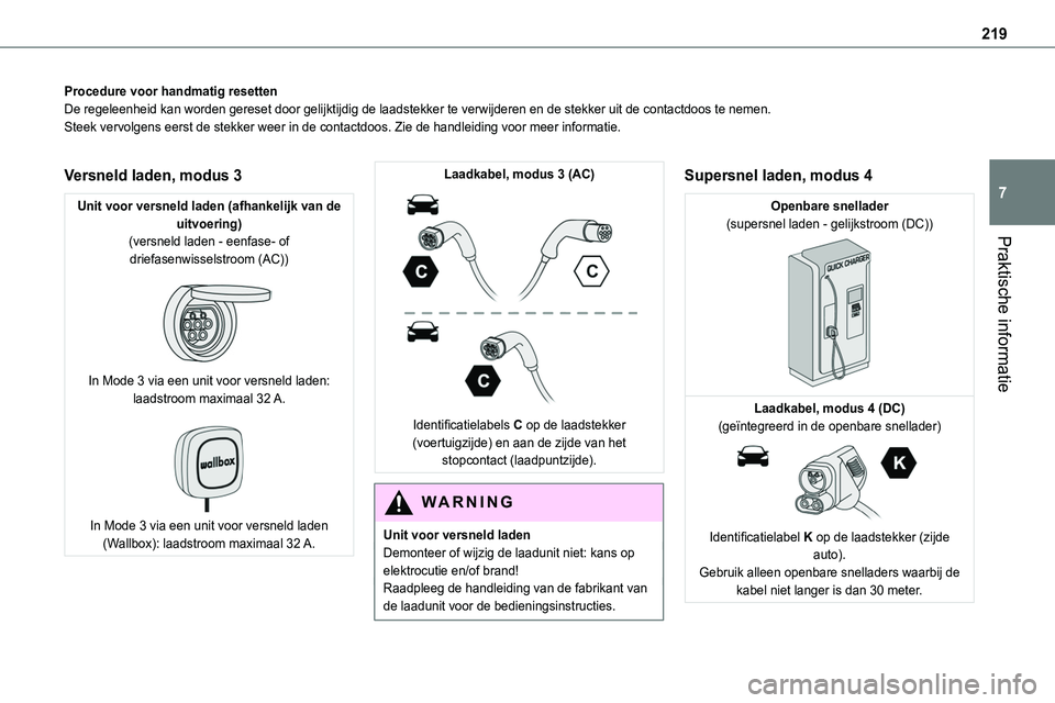 TOYOTA PROACE VERSO EV 2022 Instructieboekje (in Dutch) 219
Praktische informatie
7
Procedure voor handmatig resettenDe regeleenheid kan worden gereset door gelijktijdig de laadstekker te v\
erwijderen en de stekker uit de contactdoos te nemen.Steek vervol TOYOTA PROACE VERSO EV 2022 Instructieboekje (in Dutch) 219
Praktische informatie
7
Procedure voor handmatig resettenDe regeleenheid kan worden gereset door gelijktijdig de laadstekker te v\
erwijderen en de stekker uit de contactdoos te nemen.Steek vervol